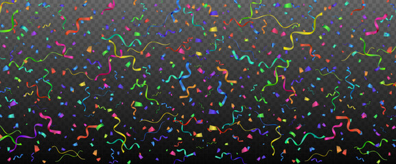 Festive colorful serpentine and confetti on transparent background. Vector illustration for decoration of holidays, postcards, posters, websites, carnivals, children's parties,birthday and celebration