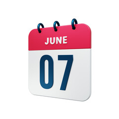 June Realistic Calendar Icon 3D Rendered Date June 07