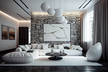 Glamorous White Living Space with Stunning Stone Wall Detail


