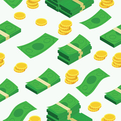 Seamless vector pattern with stacks of green paper money and gold cents coins on a white background. 