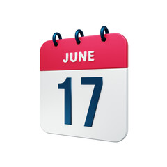 June Realistic Calendar Icon 3D Rendered Date June 17