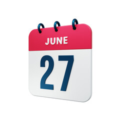 June Realistic Calendar Icon 3D Rendered Date June 27