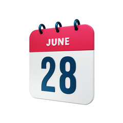 June Realistic Calendar Icon 3D Rendered Date June 28