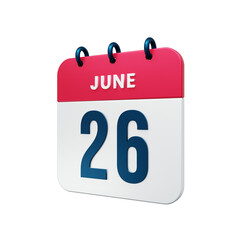 June Realistic Calendar Icon 3D Rendered Date June 26