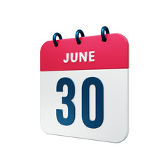June Realistic Calendar Icon 3D Rendered Date June 30