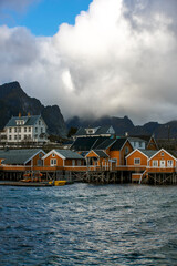 Traditional Fishing Hut Village Sakris&oslash;ya in Lofoten Islands, Norway.  Travel