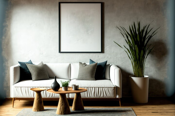 living room background with mock up poster frame in a modern, boho scandinavian design. Generative AI