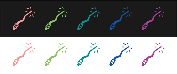 Set Magic wand icon isolated on black and white background. Star shape magic accessory. Magical power. Happy Halloween party. Vector