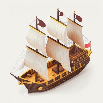 Illustration of a PIrate Sailing Ship in an Isometric 3D Style, Isolated on White Background, Created with the aid of Generative AI
