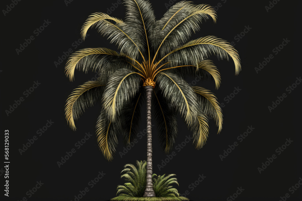 Poster coconut tree on a black backdrop with a transparent background, a clipping path, and an alpha channe