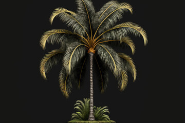 Coconut Tree on a black backdrop with a transparent background, a clipping path, and an alpha channel. Use with natural objects in print and online publications, as well as in architectural design and