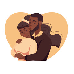 Cute dark-skinned couple in love hugging. Vector illustration for your business, banner