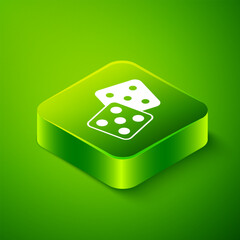 Isometric Game dice icon isolated on green background. Casino gambling. Green square button. Vector