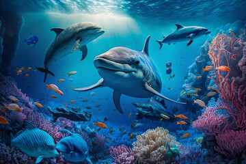 Fototapeta na wymiar 3d wallpaper underwater world with reefs, dolphins and other fish