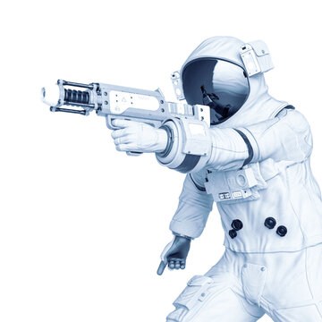 astronaut is walking with a laser gun
