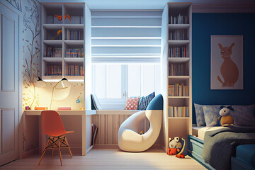 Stylish White Children's Room with Bookshelf Wallpaper
