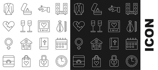 Set line Clock, Calendar, Violin, Wedding rings on hand, Glass of champagne, Broken heart or divorce, Suit and Photo frames hearts icon. Vector © Oksana