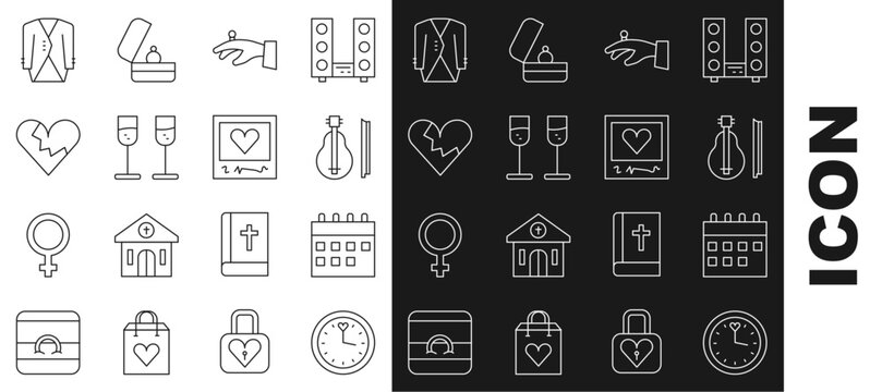 Set line Clock, Calendar, Violin, Wedding rings on hand, Glass of champagne, Broken heart or divorce, Suit and Photo frames hearts icon. Vector