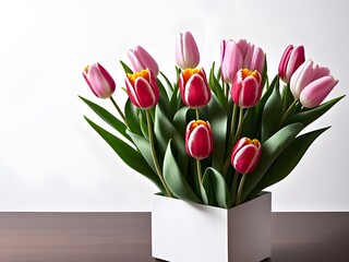 Bright Tulips on a Desk - Isolated on White