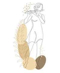 Silhouette of a beautiful woman with a flute and a leaf of a plant in a modern continuous line style. Flutist, slender. Outline decor, posters, stickers, logo. Vector illustration © Nataliia
