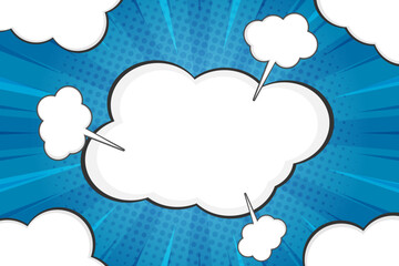 Blue comic speech bubble clouds background template with rays, vector illustration
