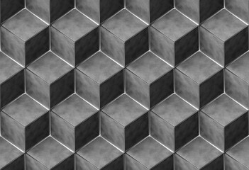 3D render. Seamless geometric pattern. Concrete cubes with metal edges. Rhombus mosaic