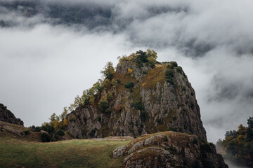 Photo of the rock covered grass and trees in early Autumn on the background clouds and fog