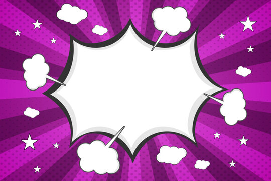 Purple pop art comic book background template with speech bubble, vector illustartion