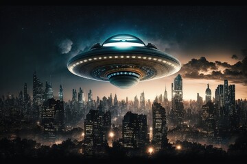 Fototapeta na wymiar Flying saucer flying over night city, alien spaceship in night city, Generative AI