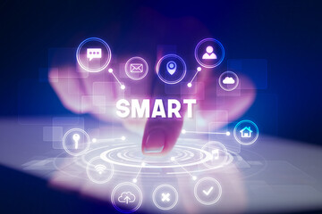 Finger touching tablet with web technology icons concept