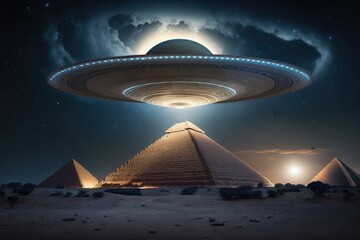 Flying saucer flying over pyramids of the, alien ship in the desert, digital illustration, AI

