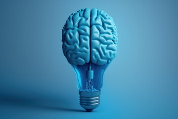 Light bulb brain, concept of ideas and creativity, blue background, digital illustration, AI