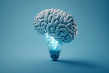 Light bulb brain, concept of ideas and creativity, blue background, digital illustration, AI
