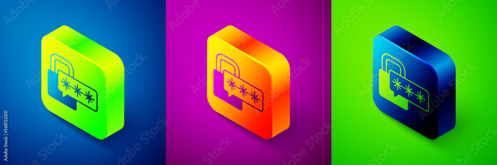 Poster isometric cyber security icon isolated on blue, purple and green background. closed padlock on digit