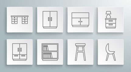 Set line Wardrobe, Library bookshelf, Chair, Armchair, Furniture nightstand with lamp and Office desk icon. Vector