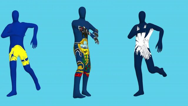 Flags of the states of the United States of America. Dance dressed as US state flags. 3D animation.