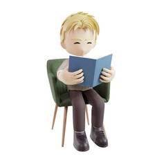 Happy man reading book while sitting 3d character