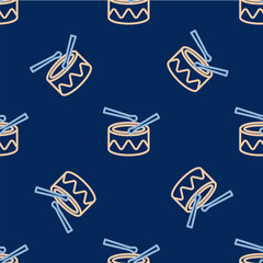 Line Drum with drum sticks icon isolated seamless pattern on blue background. Music sign. Musical instrument symbol. Vector