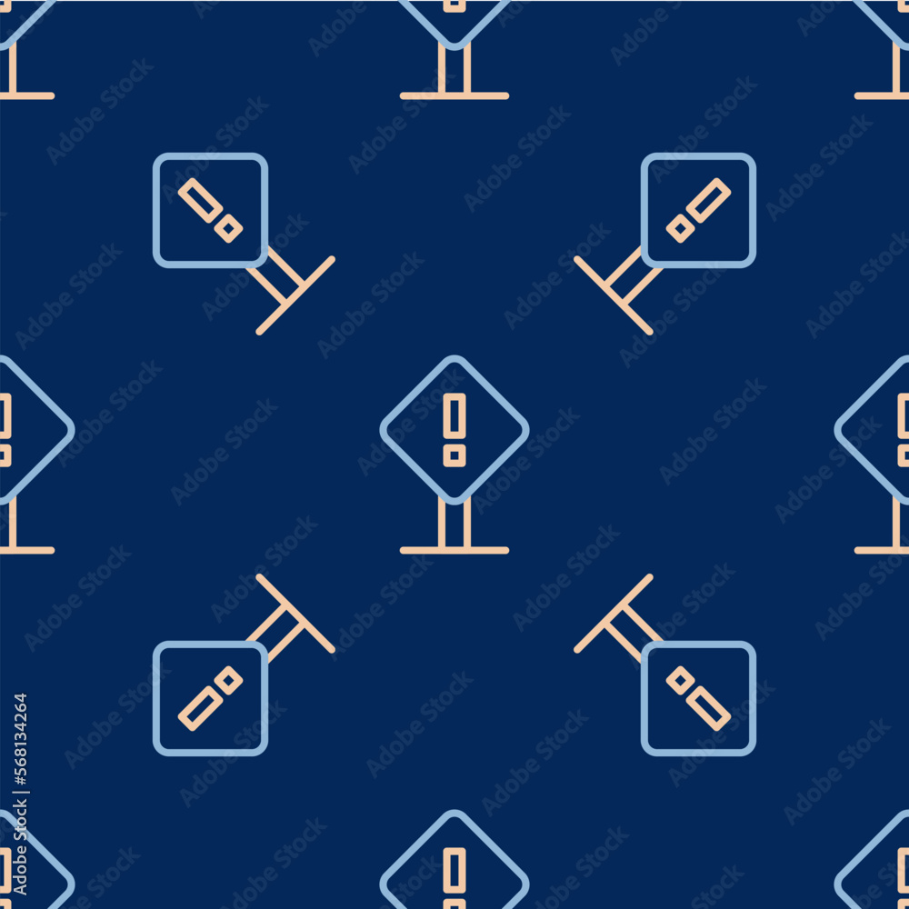 Poster line exclamation mark in square frame icon isolated seamless pattern on blue background. hazard warn