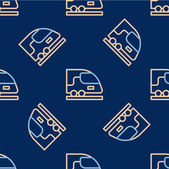 Line High-speed train icon isolated seamless pattern on blue background. Railroad travel and railway tourism. Subway or metro streamlined fast train transport. Vector