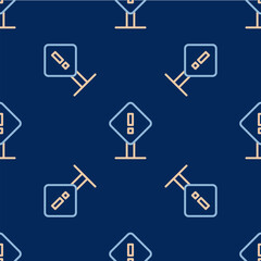 Line Exclamation mark in square frame icon isolated seamless pattern on blue background. Hazard warning sign, careful, attention, danger warning important sign. Vector