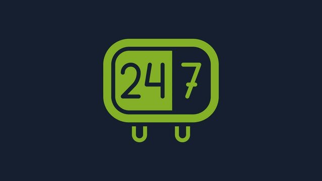 Yellow Clock 24 hours icon isolated on blue background. All day cyclic icon. 24 hours service symbol. 4K Video motion graphic animation