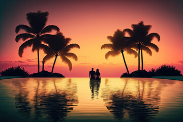 Obraz na płótnie Canvas a couple in the pool between palm trees at sunset.
