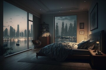 Luxury bedroom penthouse in Manhattan, New York - Generative AI - obrazy, fototapety, plakaty