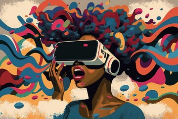 African American girl freaking out in the metaverse thanks to VR. New technologies concept. Generative AI.