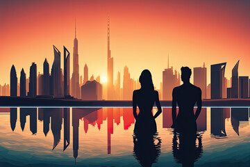 Fototapeta premium a couple in the pool in front of a city skyline at sunset. Generative AI