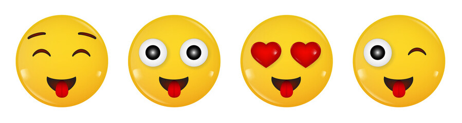 Set of smiling Faces With Hearts. Love Emoji. Yellow glossy 3d emotion. Heart-shaped eyes. In love smile. Red hearts. Laughing face showing tongue. Wink