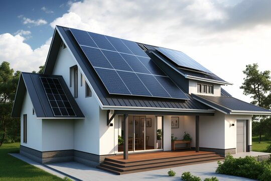 Residential house with photovoltaic solar pannels. Eco efficient home powered by alternative and renewable energy. Real state concept. Generative AI.