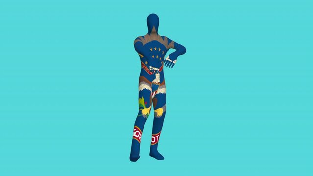 Flags of the states of the United States of America. Dance dressed as US state flags. 3D animation.