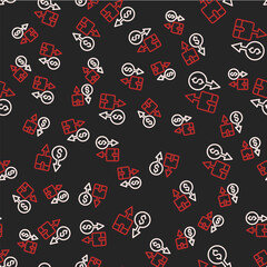 Line Tax carton cardboard box icon isolated seamless pattern on black background. Box, package, parcel sign. Delivery and packaging. Vector